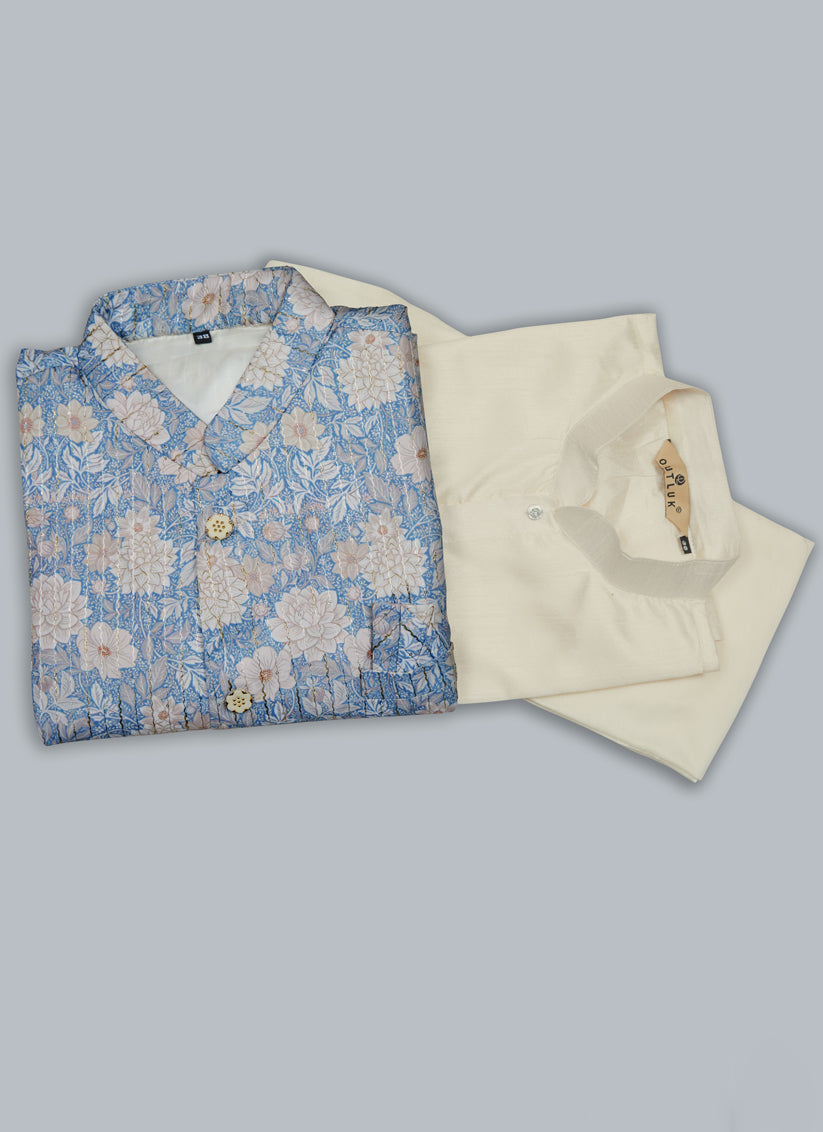 Cream Kurta Pyjama Set with Sky Blue Jacket