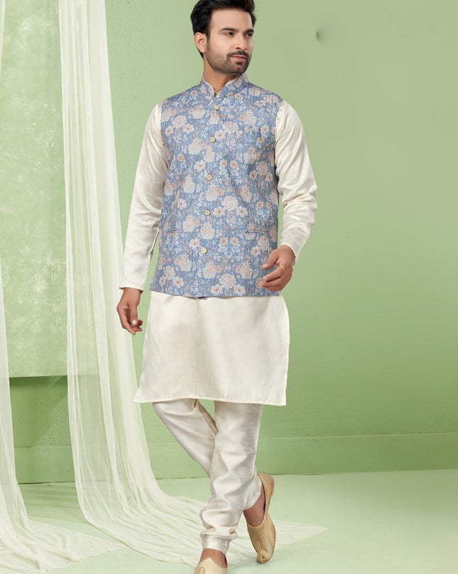 Cream Kurta Pyjama Set with Sky Blue Jacket