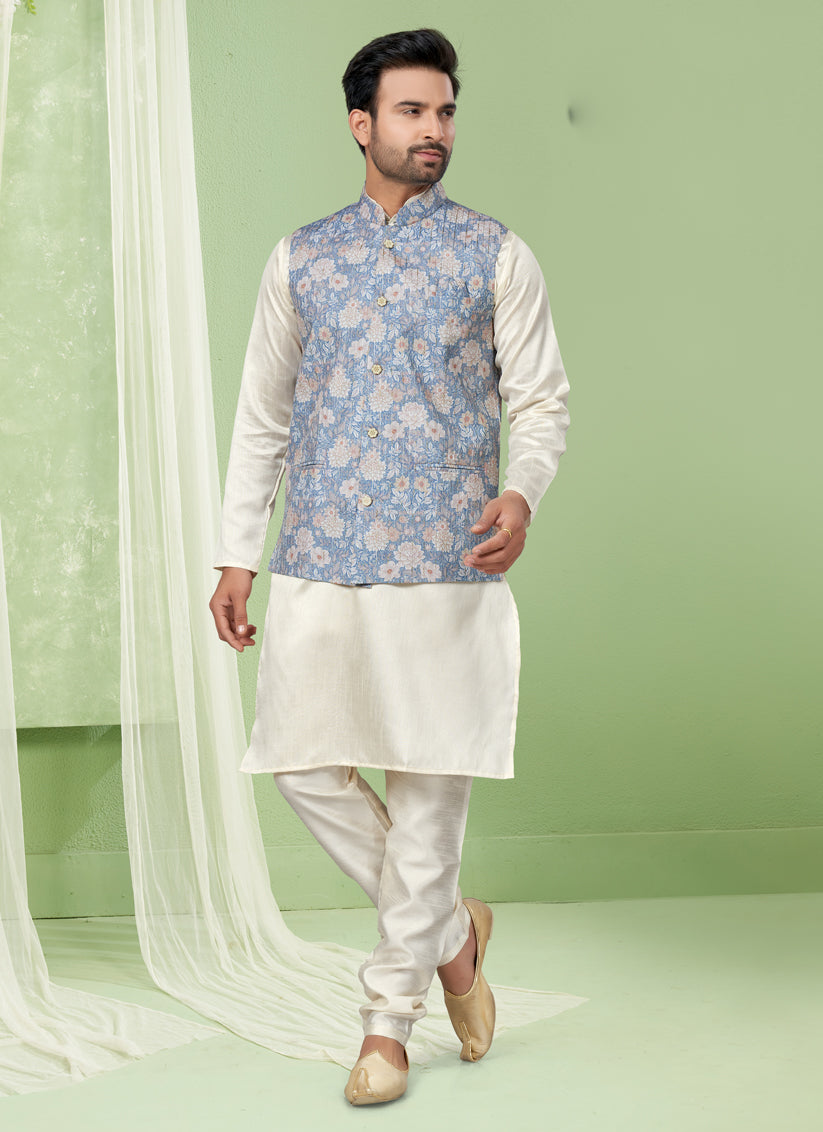 Cream Kurta Pyjama Set with Sky Blue Jacket