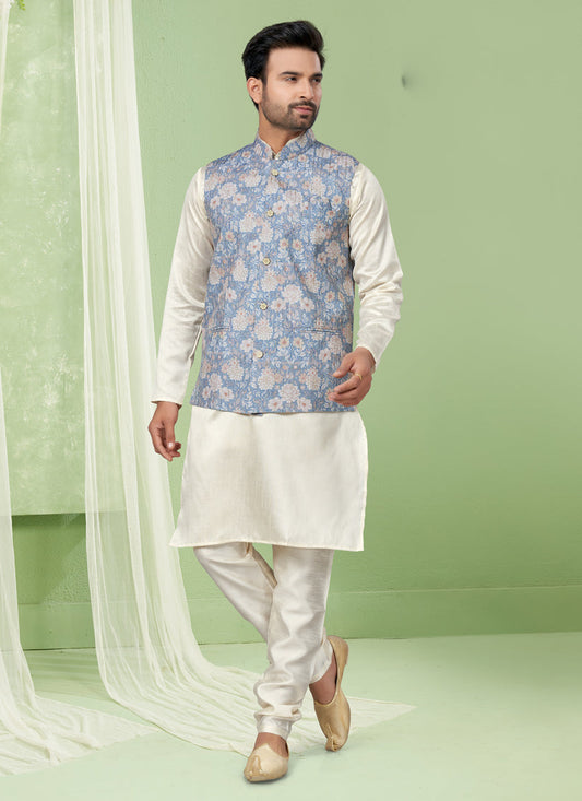 Cream Kurta Pyjama Set with Sky Blue Jacket