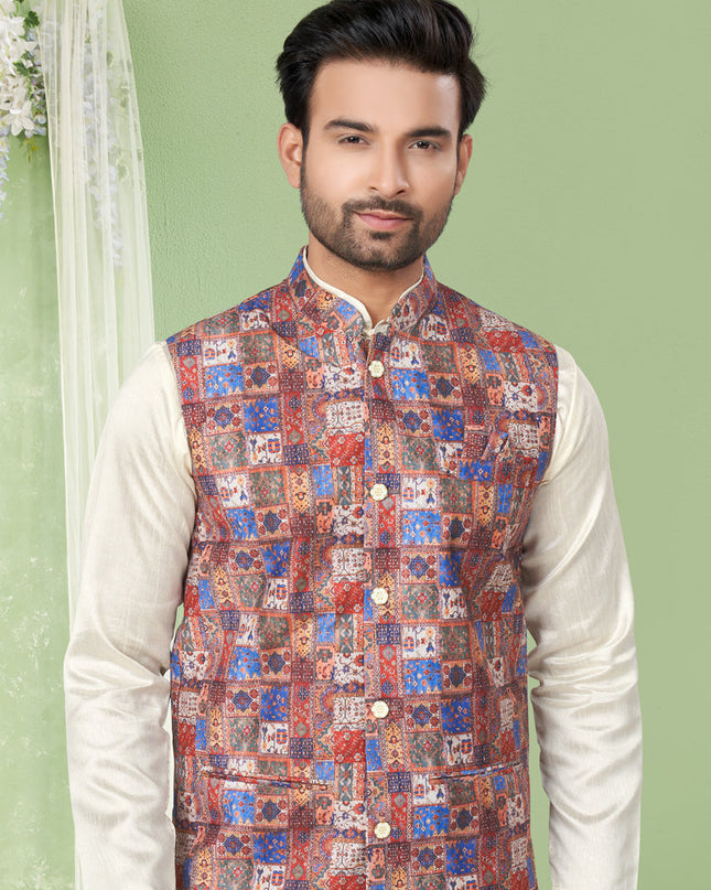 Cream Kurta Pyjama Set with Maroon Jacket