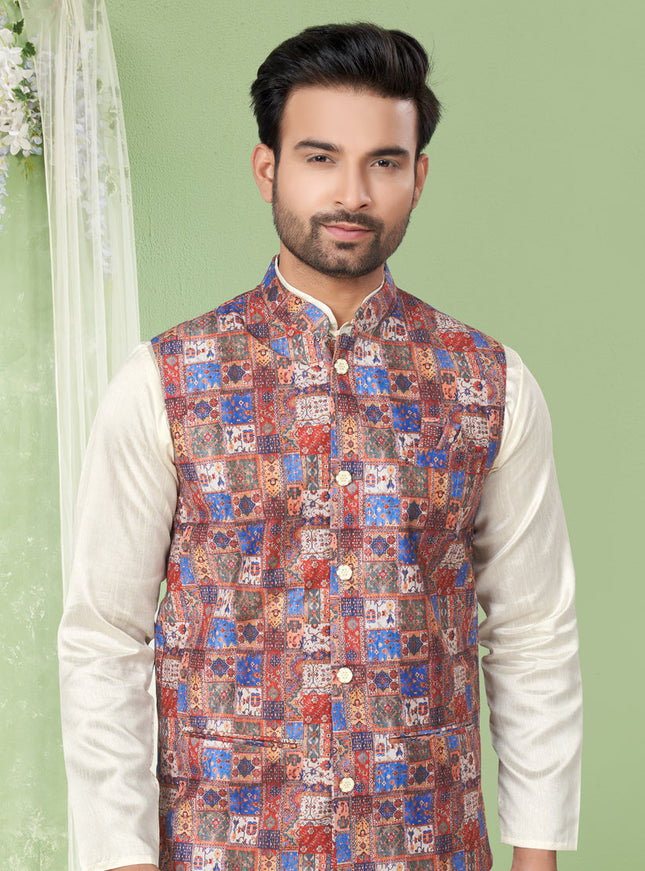 Cream Kurta Pyjama Set with Maroon Jacket