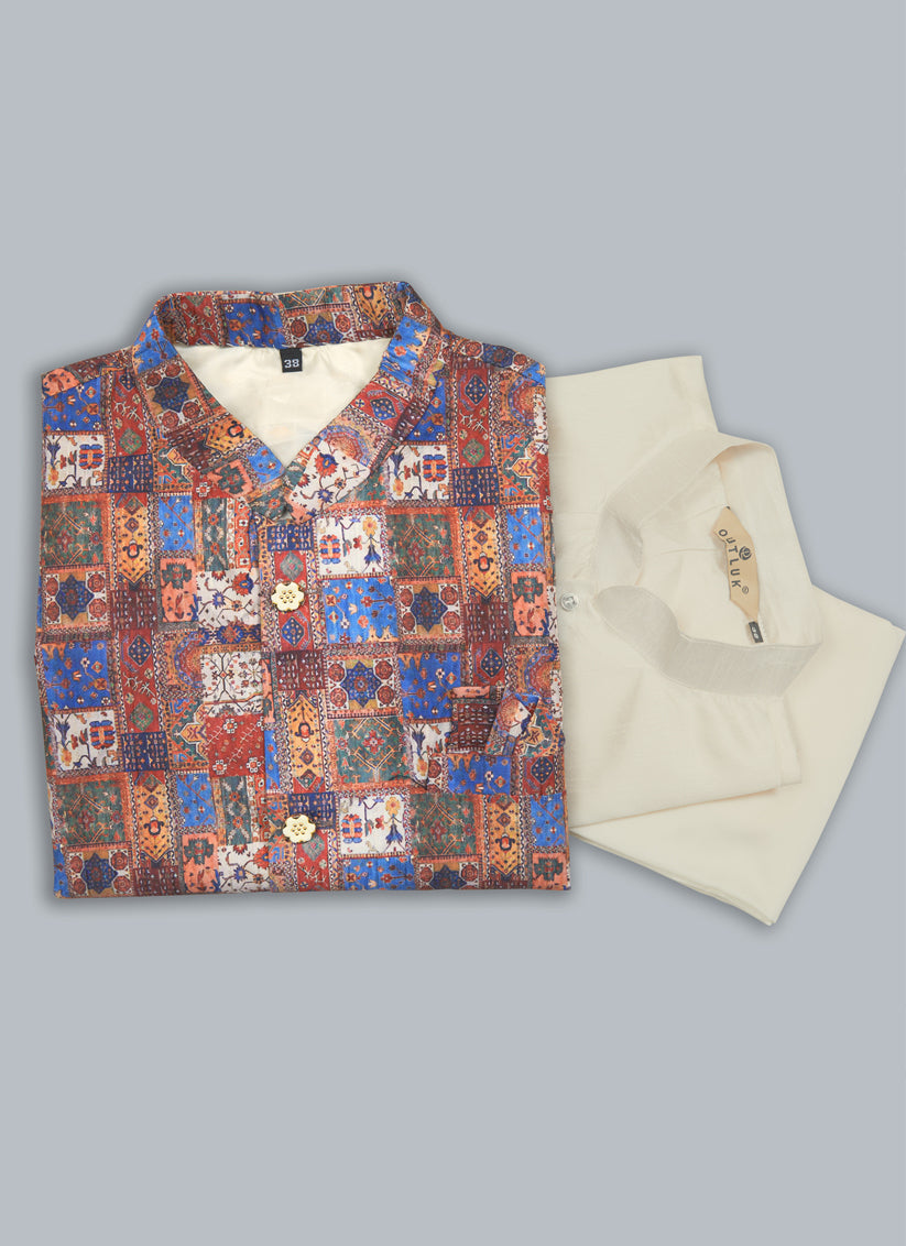 Cream Kurta Pyjama Set with Maroon Jacket