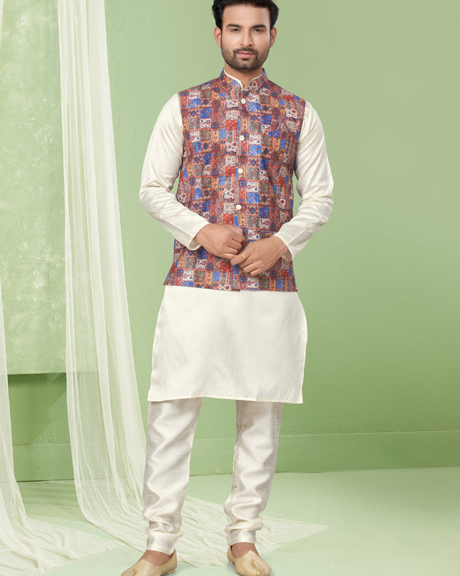 Cream Kurta Pyjama Set with Maroon Jacket