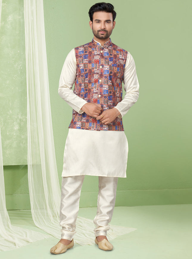 Cream Kurta Pyjama Set with Maroon Jacket