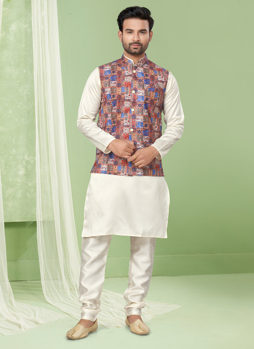 Cream Kurta Pyjama Set with Maroon Jacket