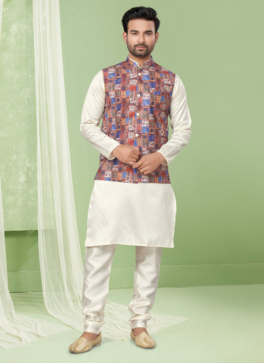 Cream Kurta Pyjama Set with Maroon Jacket