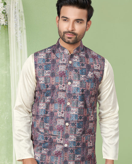 Cream Kurta Pyjama Set with Grey Jacket