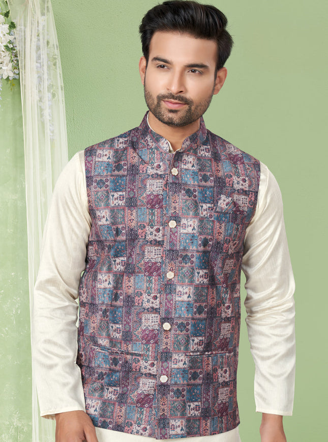 Cream Kurta Pyjama Set with Grey Jacket