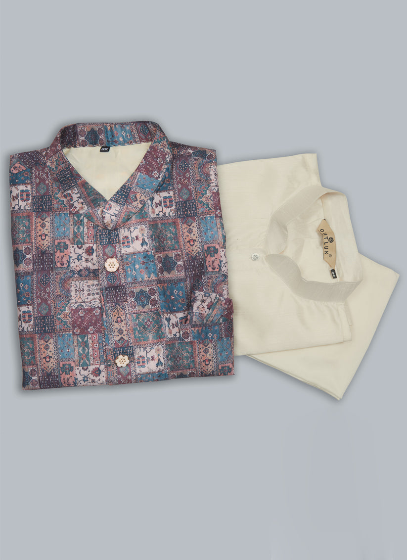 Cream Kurta Pyjama Set with Grey Jacket