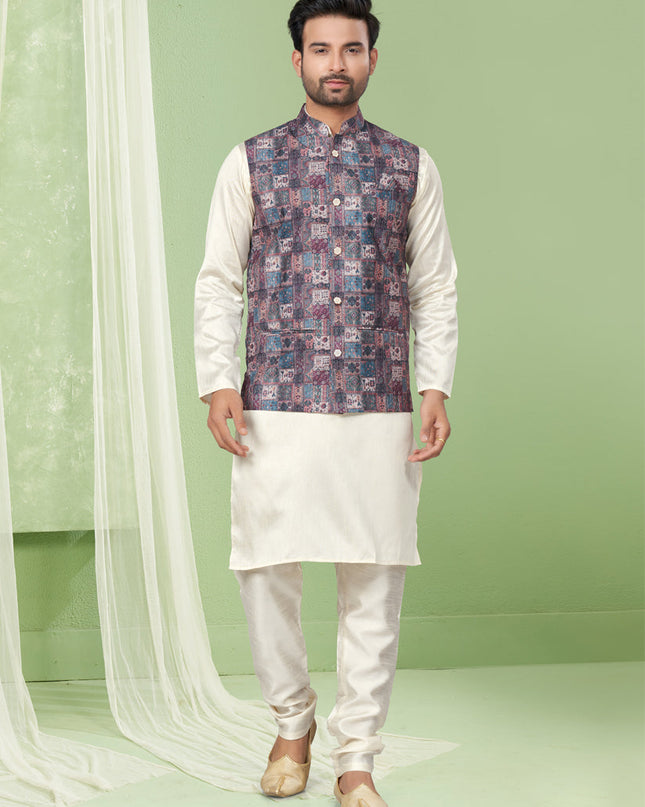 Cream Kurta Pyjama Set with Grey Jacket