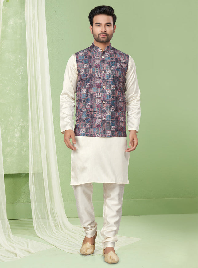 Cream Kurta Pyjama Set with Grey Jacket