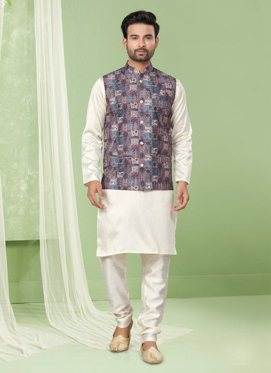 Cream Kurta Pyjama Set with Grey Jacket