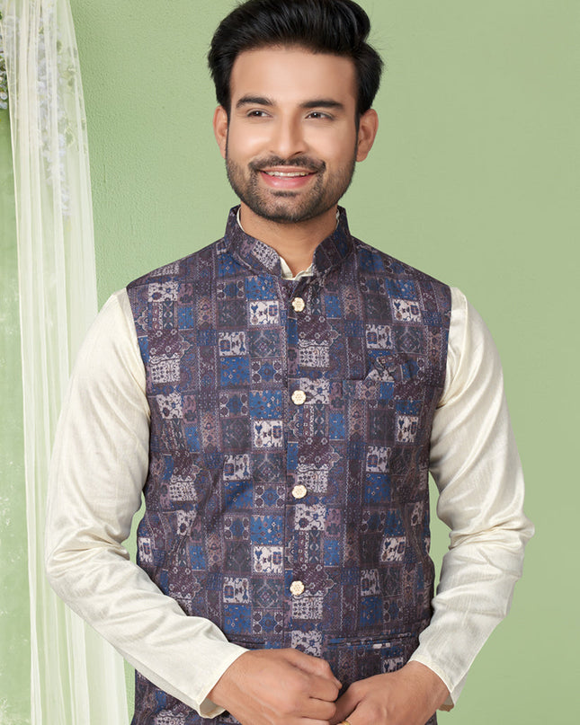 Cream Kurta Pyjama Set with Burgundy Jacket