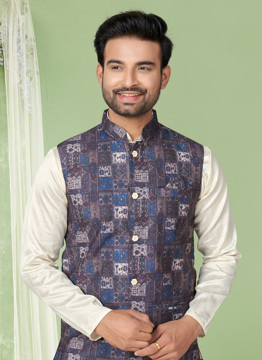 Cream Kurta Pyjama Set with Burgundy Jacket