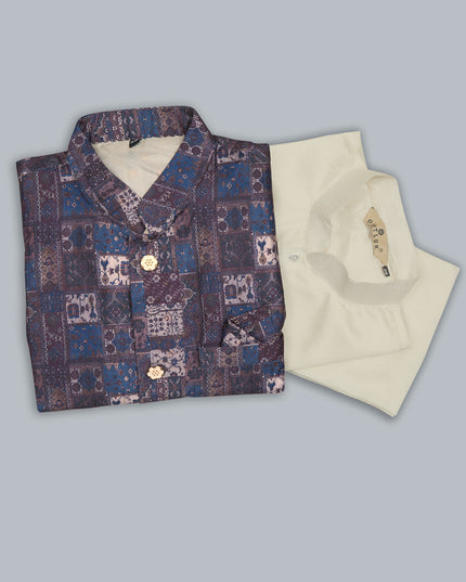 Cream Kurta Pyjama Set with Burgundy Jacket