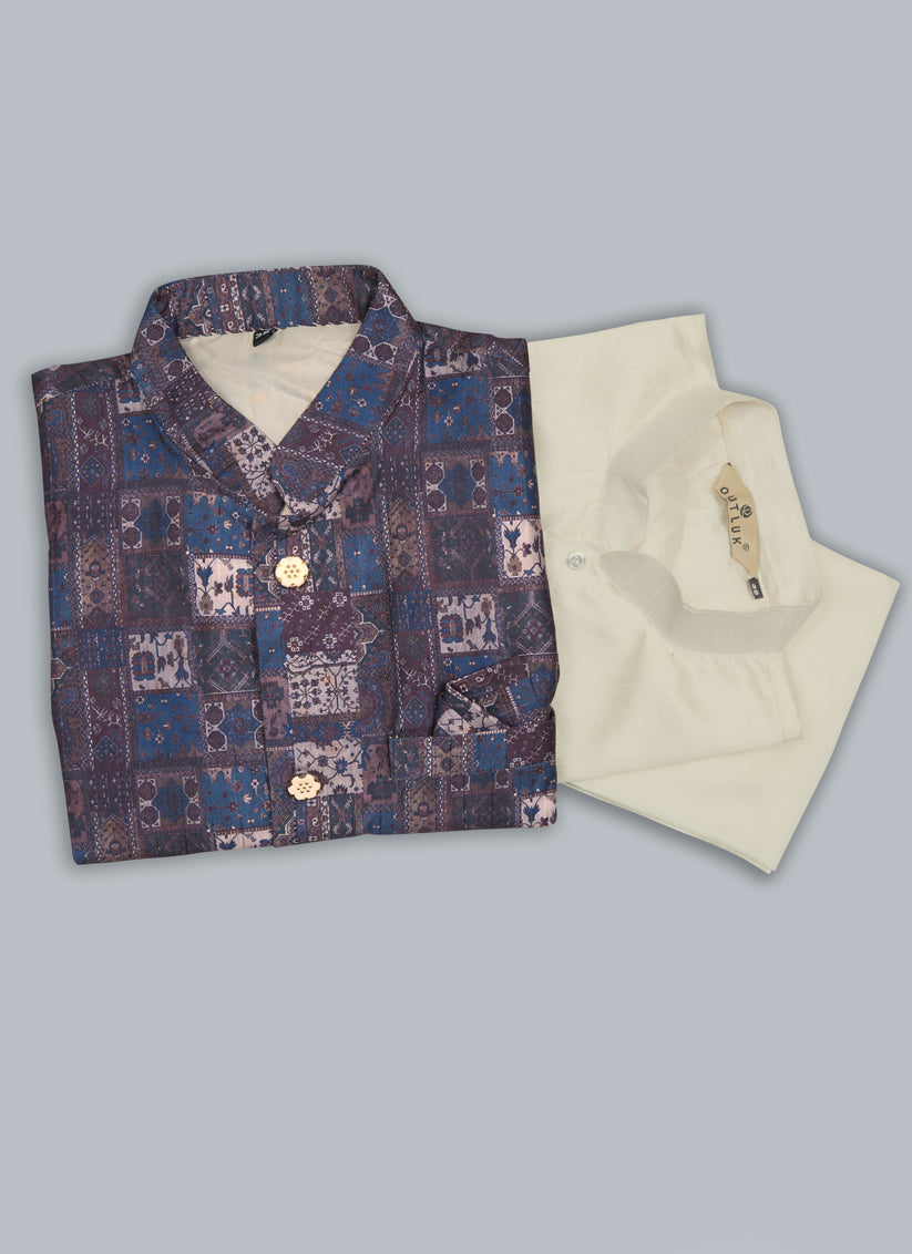 Cream Kurta Pyjama Set with Burgundy Jacket