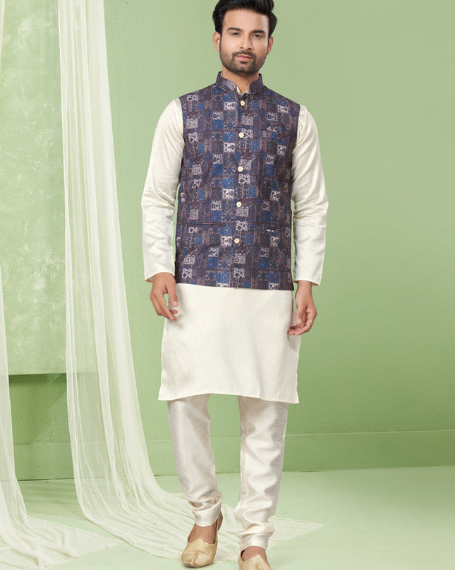 Cream Kurta Pyjama Set with Burgundy Jacket