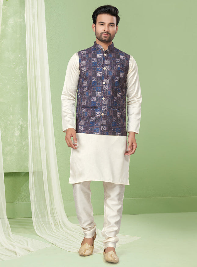 Cream Kurta Pyjama Set with Burgundy Jacket