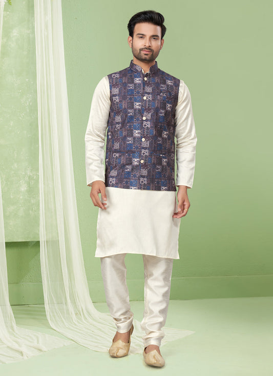 Cream Kurta Pyjama Set with Burgundy Jacket