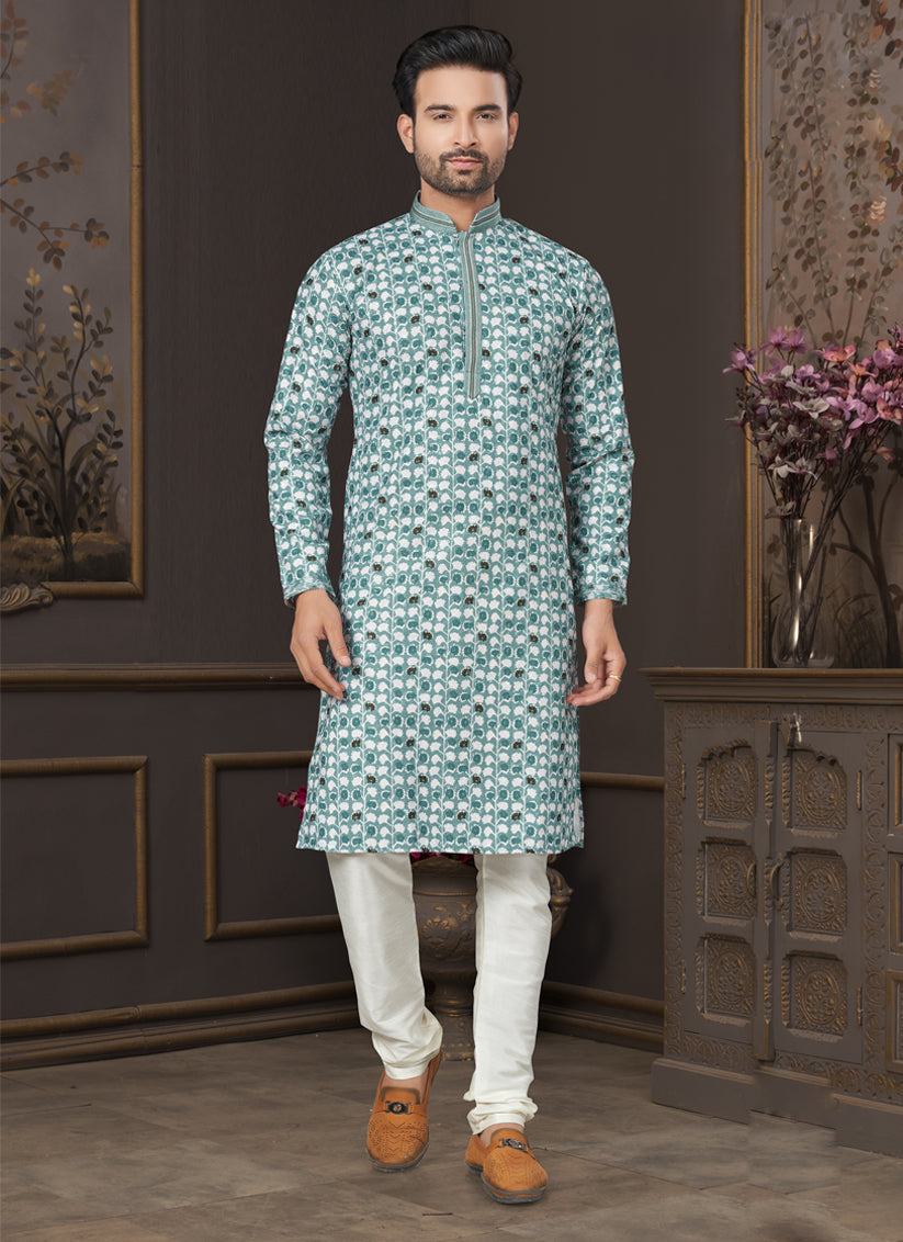 Rama Green Heavy Cotton Kurta Pyjama Set