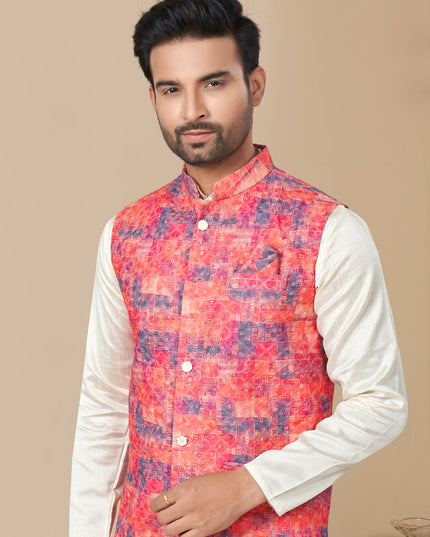 Off White Silk Kurta Pyjama with Red Jacket