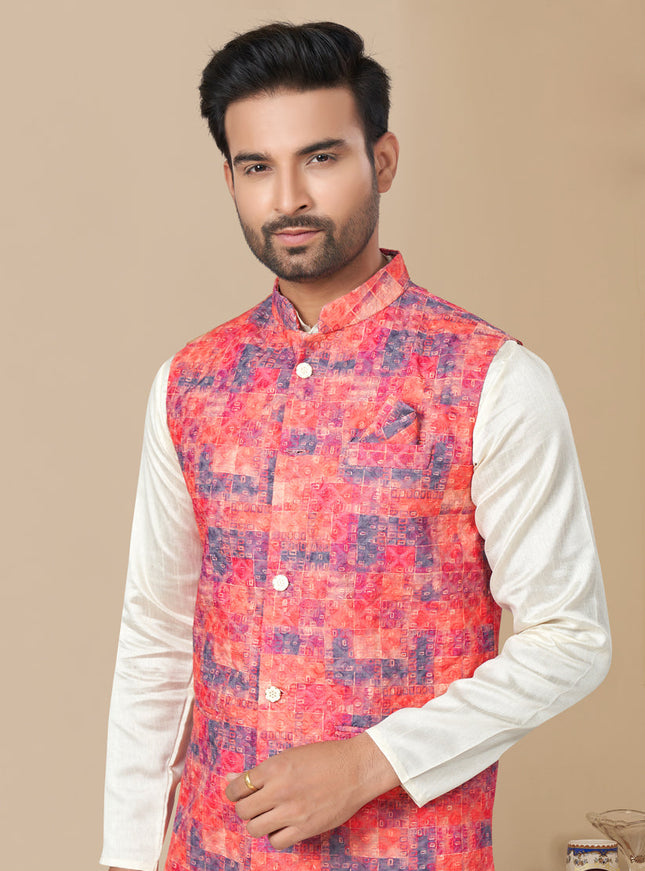 Off White Silk Kurta Pyjama with Red Jacket