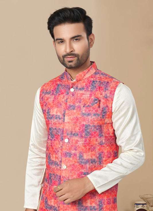 Off White Silk Kurta Pyjama with Red Jacket