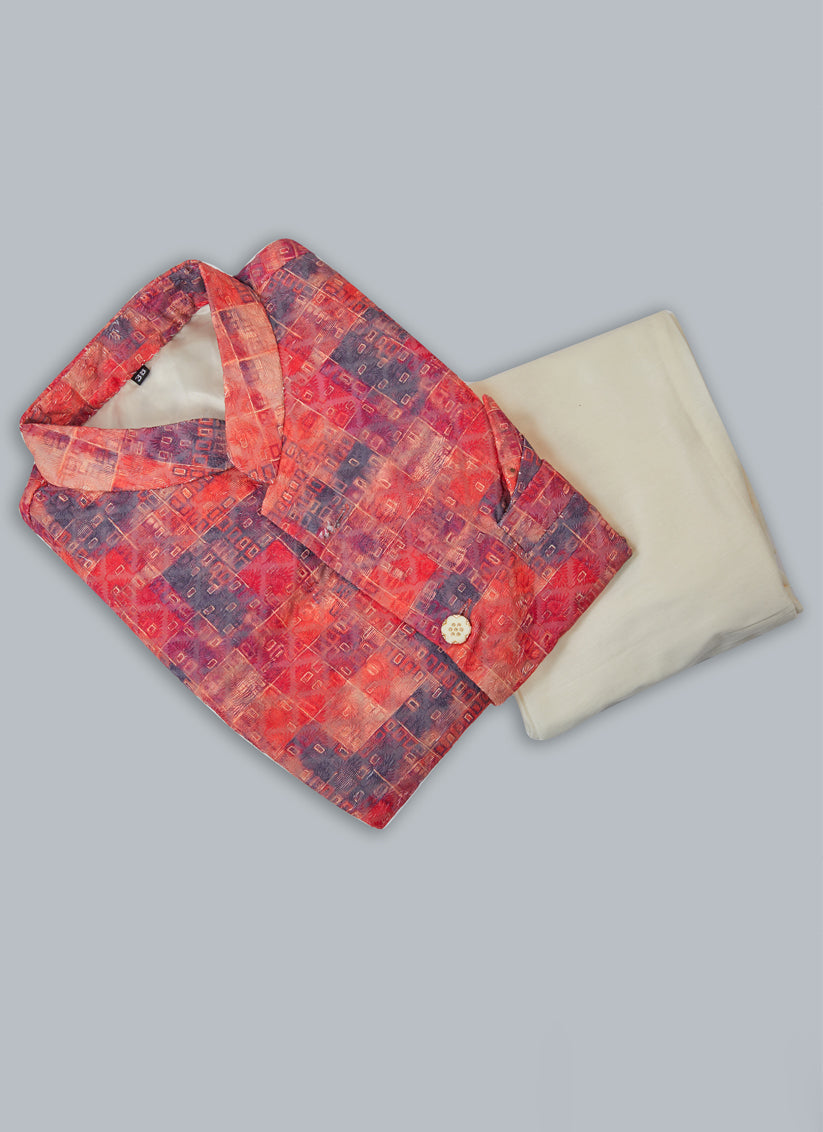 Off White Silk Kurta Pyjama with Red Jacket