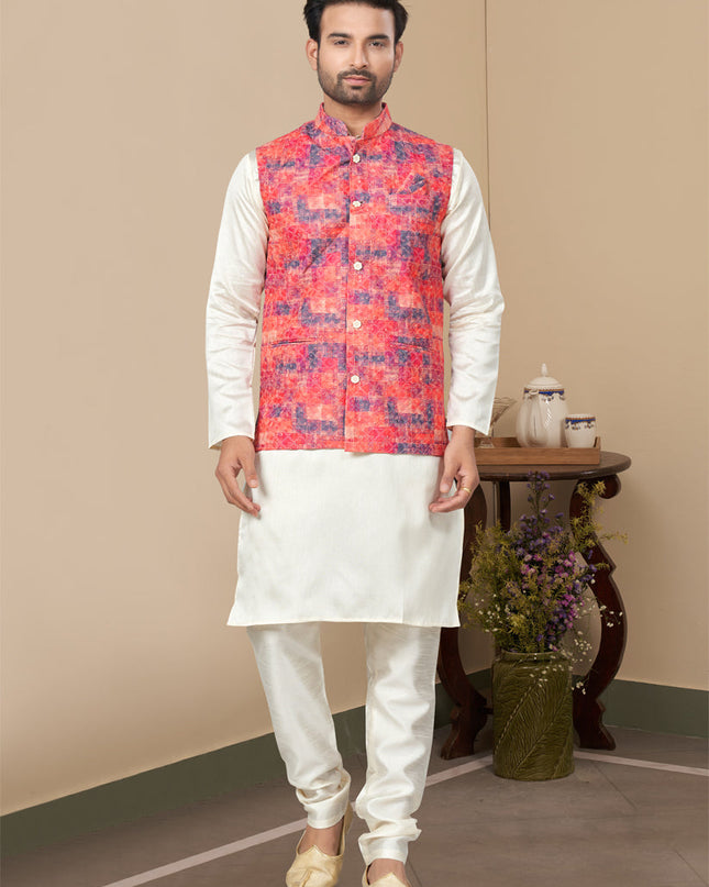 Off White Silk Kurta Pyjama with Red Jacket