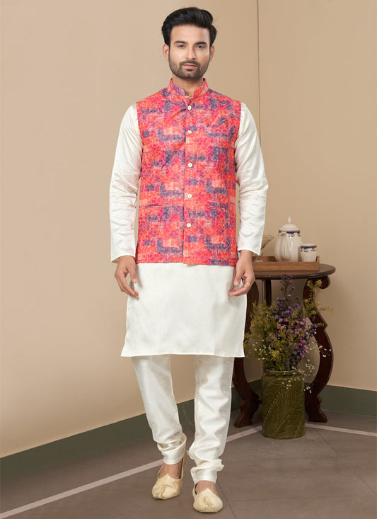 Off White Silk Kurta Pyjama with Red Jacket