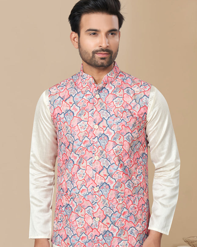 Off White Silk Kurta Pyjama with Multicolor Jacket