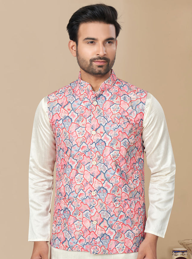 Off White Silk Kurta Pyjama with Multicolor Jacket