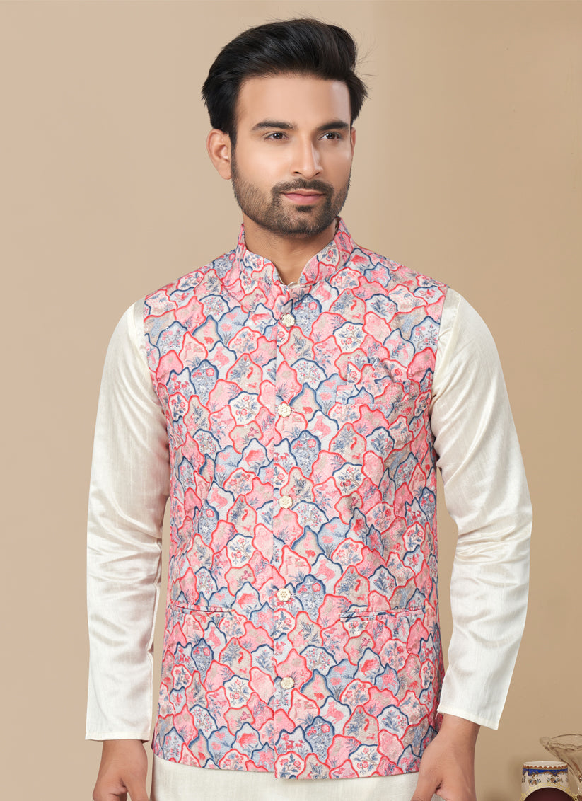 Off White Silk Kurta Pyjama with Multicolor Jacket