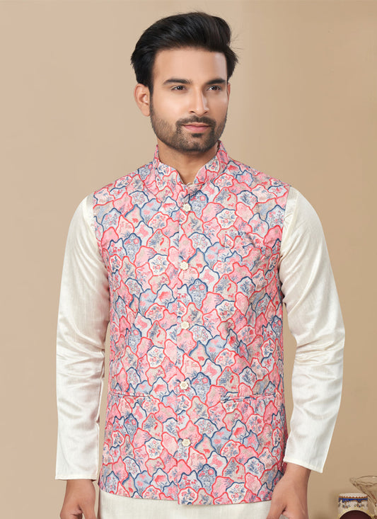 Off White Silk Kurta Pyjama with Multicolor Jacket