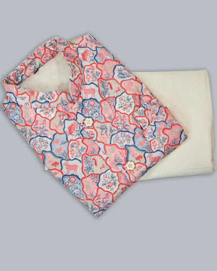 Off White Silk Kurta Pyjama with Multicolor Jacket
