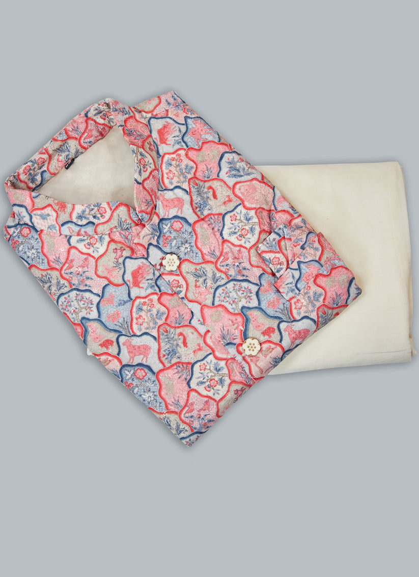 Off White Silk Kurta Pyjama with Multicolor Jacket
