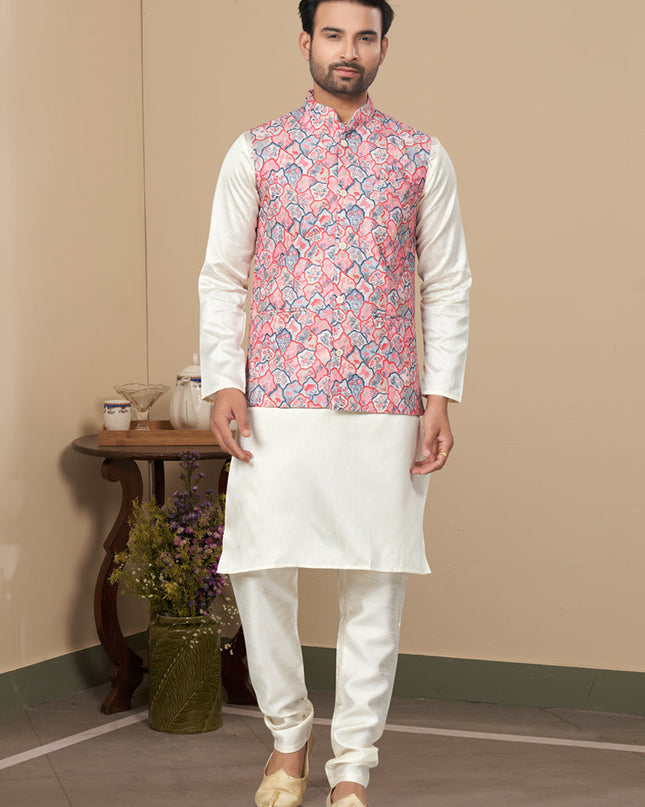 Off White Silk Kurta Pyjama with Multicolor Jacket