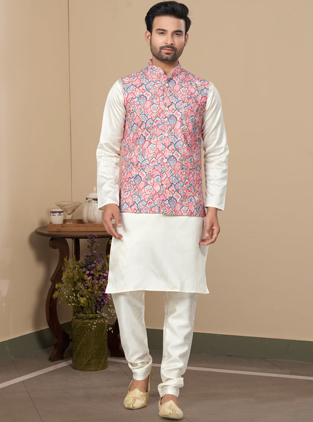 Off White Silk Kurta Pyjama with Multicolor Jacket