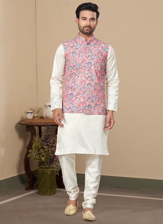 Off White Silk Kurta Pyjama with Multicolor Jacket