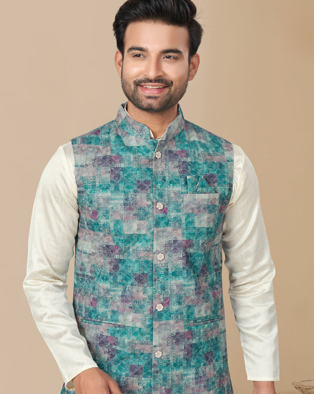 Off White Silk Kurta Pyjama with Rama Green Jacket