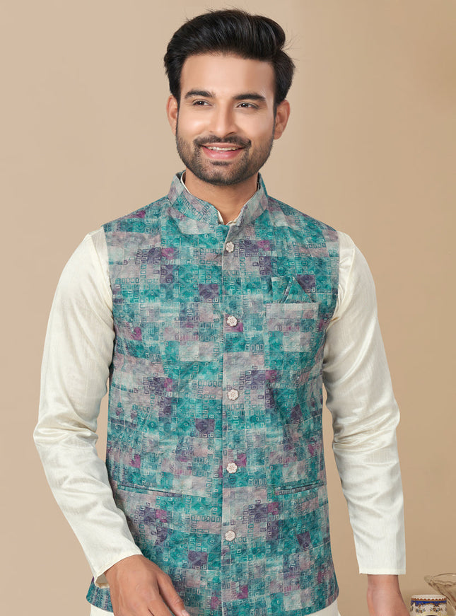 Off White Silk Kurta Pyjama with Rama Green Jacket