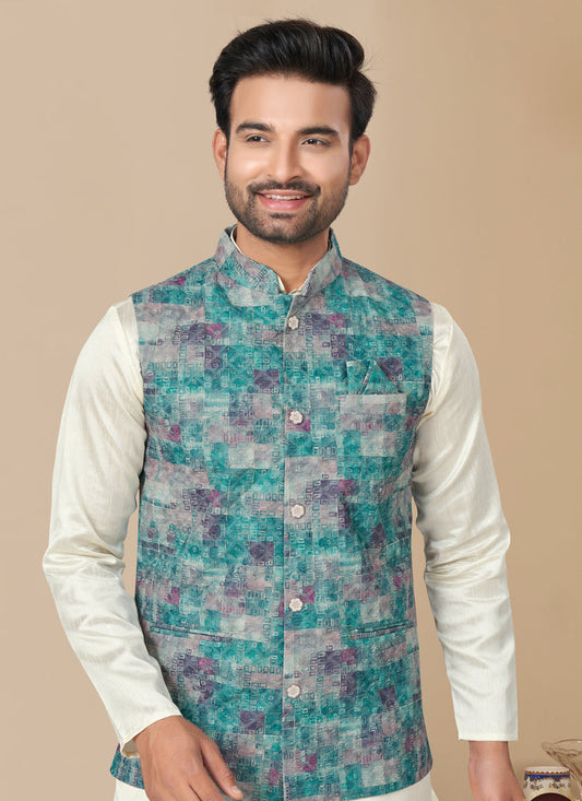 Off White Silk Kurta Pyjama with Rama Green Jacket