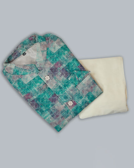 Off White Silk Kurta Pyjama with Rama Green Jacket