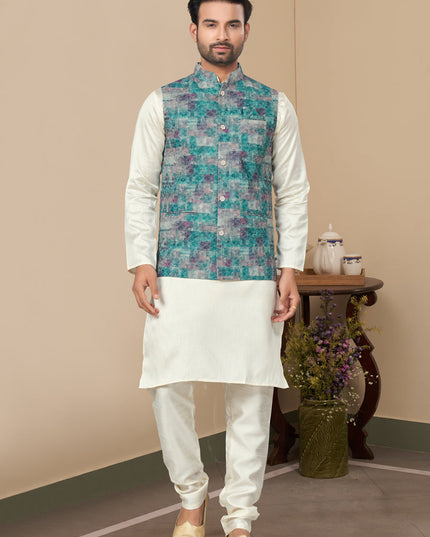 Off White Silk Kurta Pyjama with Rama Green Jacket