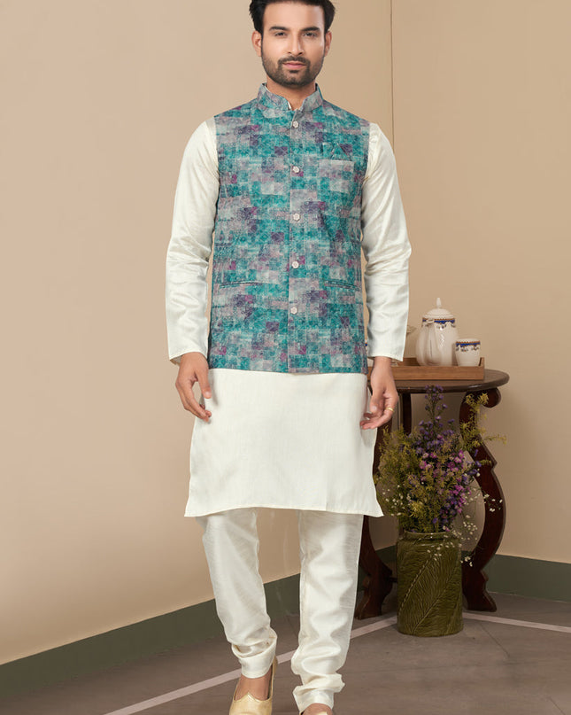 Off White Silk Kurta Pyjama with Rama Green Jacket