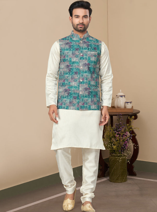 Off White Silk Kurta Pyjama with Rama Green Jacket