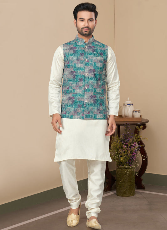 Off White Silk Kurta Pyjama with Rama Green Jacket