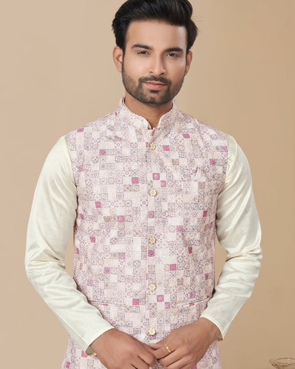 Off White Silk Kurta Pyjama with Off White Jacket