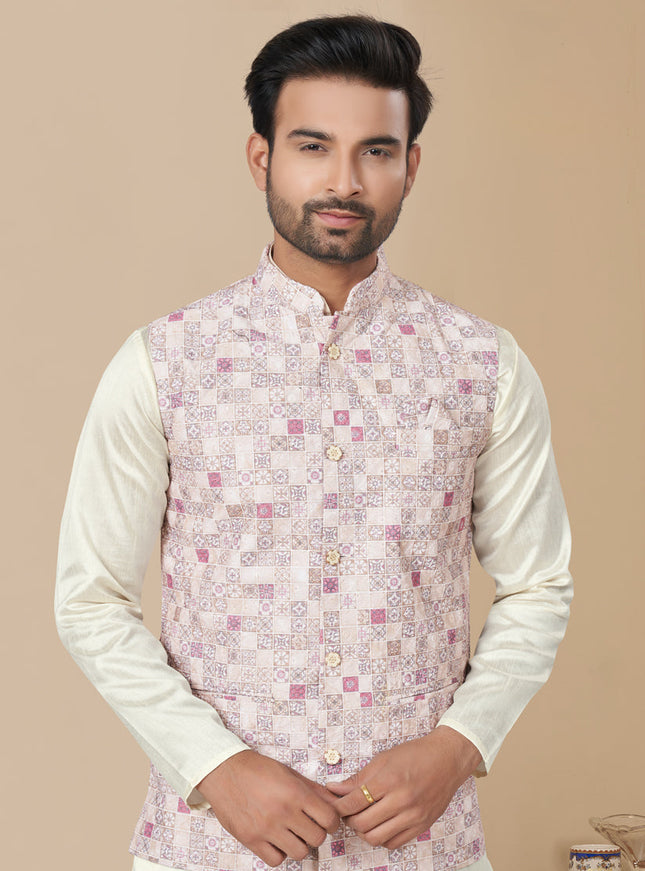 Off White Silk Kurta Pyjama with Off White Jacket